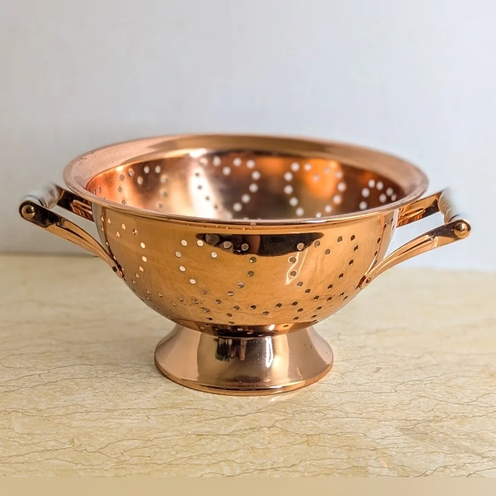 Vintage Teleflora Copper Collander Heart Shape Holes White Porcelain Handles